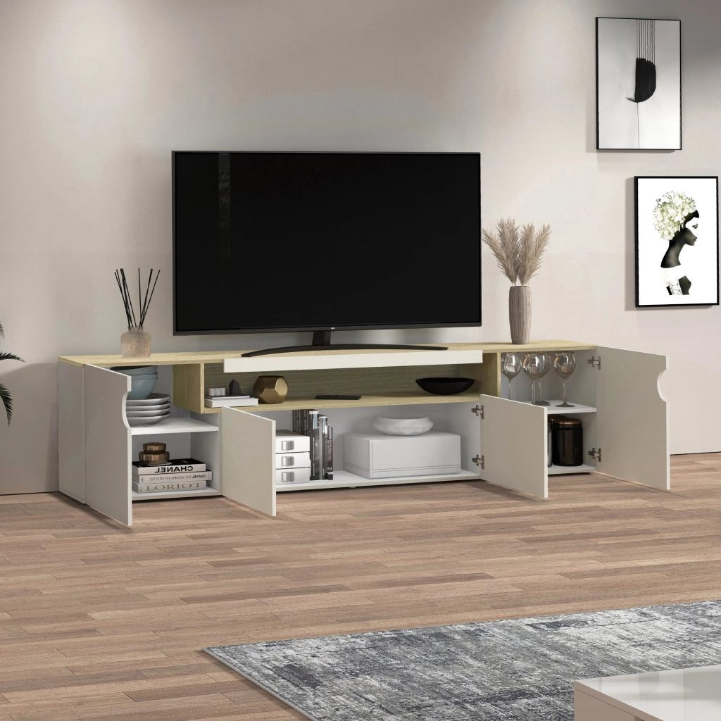 WHOUS Mobile porta TV Real con 4 ante e 1 vano aperto cashmere e rovere chiaro 240x40x60 cm