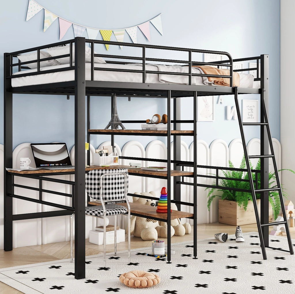 Letto a soppalco 90x200 cm con scrivania, ripiani e scala in metallo