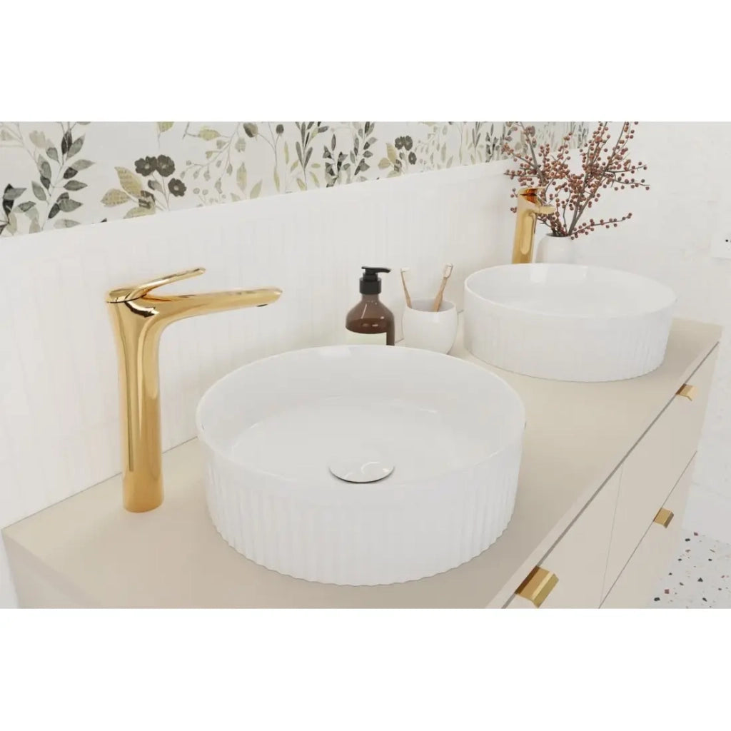 Lavabo da appoggio rotondo 36 cm in ceramica bianca lucida