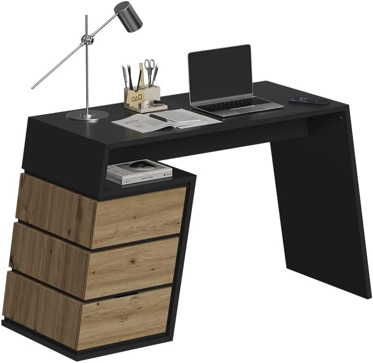 Scrivania Okaro, Antracite/quercia, 105 x 50 cm con 3 cassetti, adatto come postazione di lavoro per home office o camera dei ragazzi