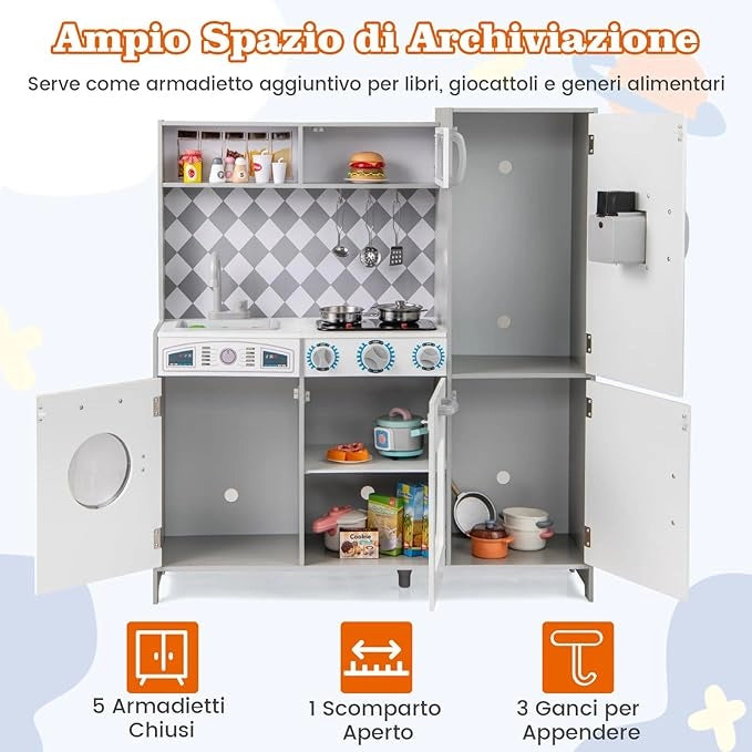 Cucina Giocattolo per Bambini, Cucina per Bambini in Legno con Forno, Microonde, Macchina del Ghiaccio, Lavatrice, Lavello e Rubinetto, Con Suoni e Luci Reali, per Bambini 3+ Anni