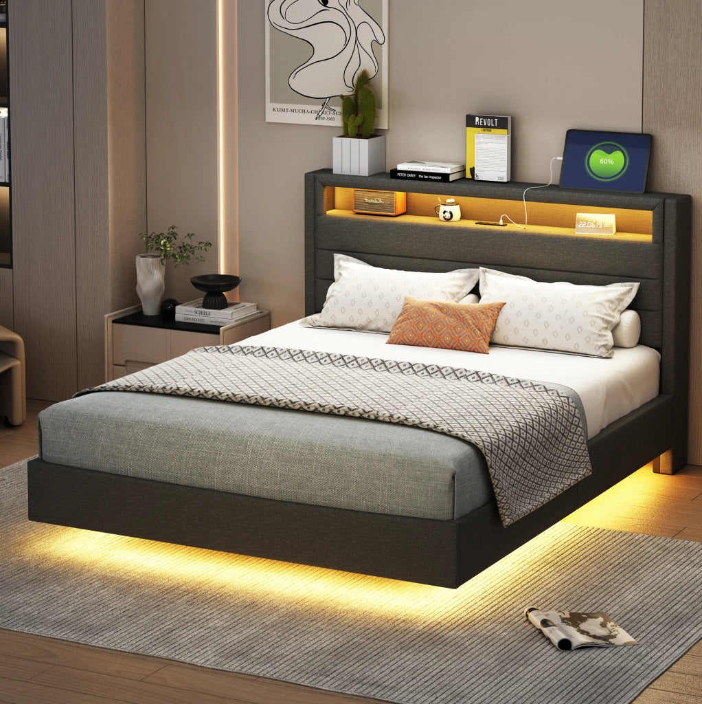 Letto imbottito 140x200 cm grigio con USB, LED e testiera contenitore