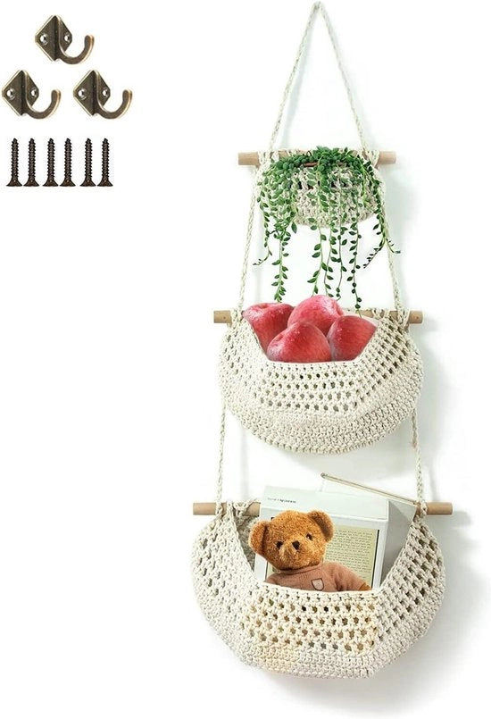 Cestino appeso con 3 animali - cestino in juta tessuta a mano per cucina, soggiorno, bagno e camera da letto - bianco