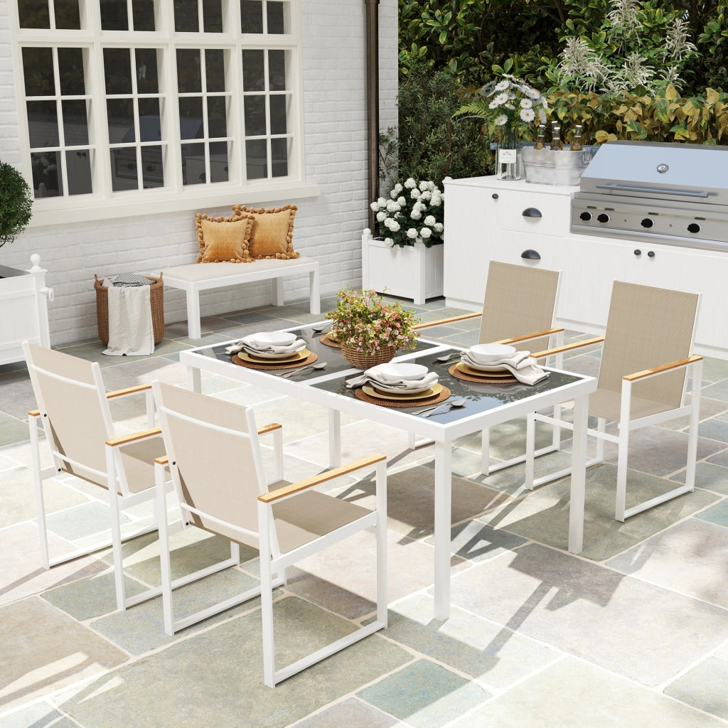 Set da Giardino con Tavolo da Pranzo in Vetro Rettangolare e 4 Sedie con Braccioli Multicolore