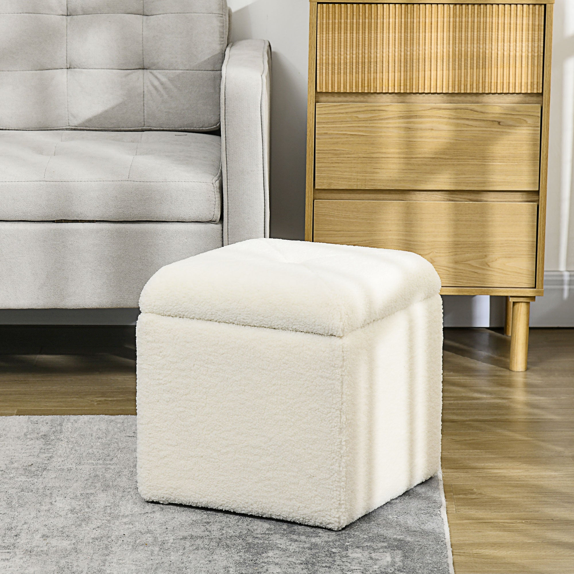 Pouf Contenitore Imbottito Tessuto Teddy 39x39x39 cm Crema