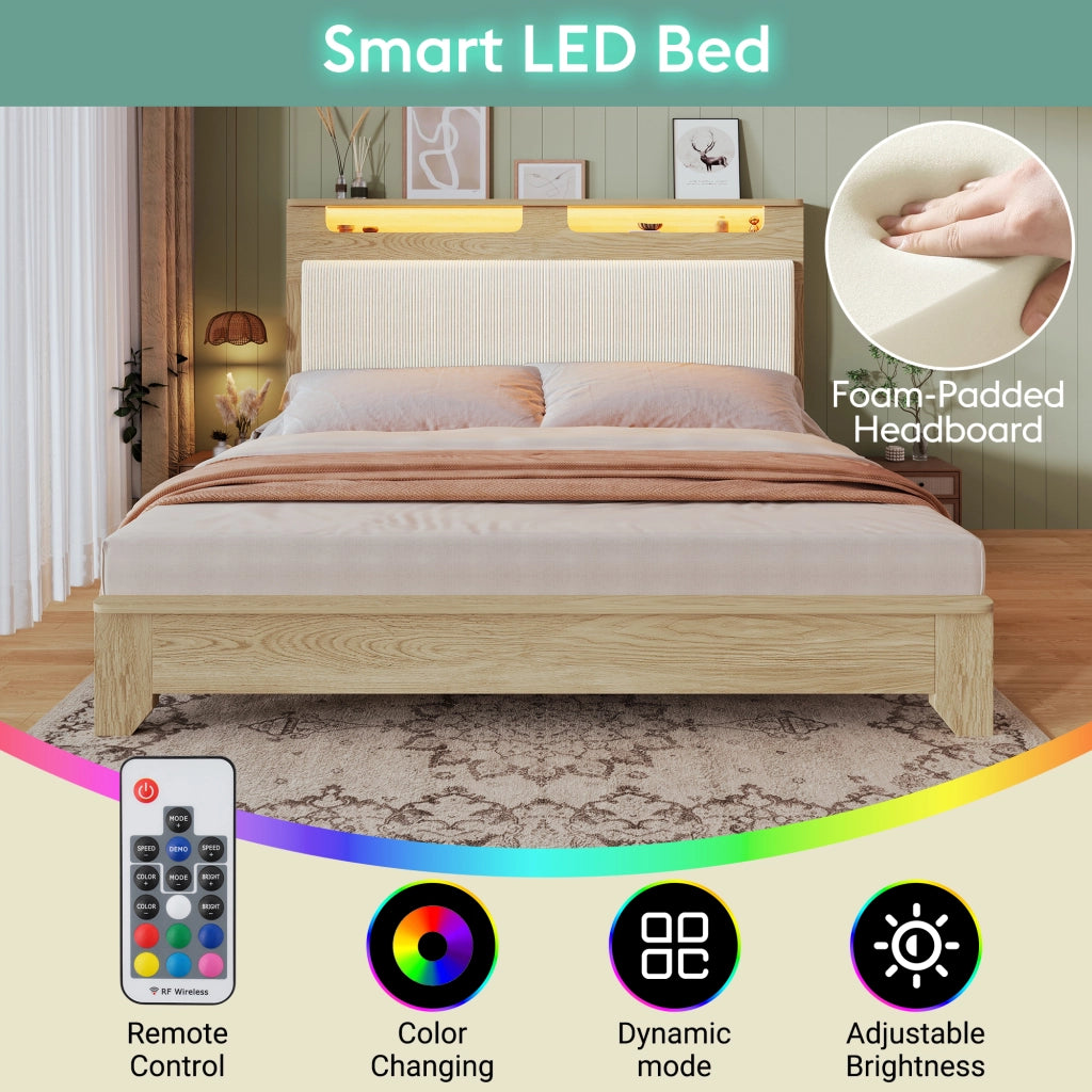 OKWISH Letto Contenitore 140×200 cm, Letto Matrimoniale con Contenitore in Testiera, LED Regolabile e Mensole, senza Materasso, Beige
