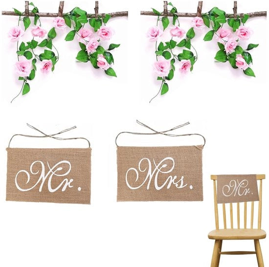 Set di Bandiere da Sedia per Matrimonio - Decorazione di Matrimonio - Rotan Artificiale - Bandiere Mr & Mrs - Decorazione Esterna - Atmosfera Romantica - Decorazione di Matrimonio