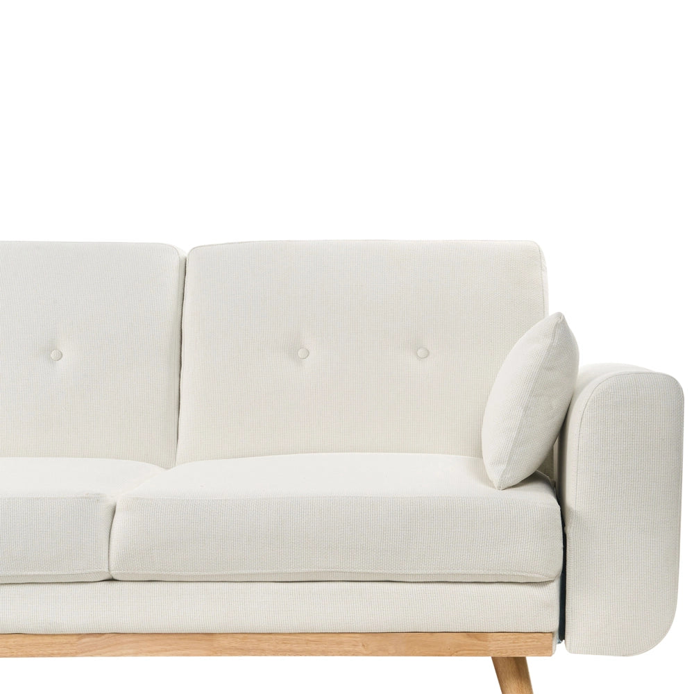 Divano Angolare ad Angolo Destro Bianco in Tessuto Imbottito a L con Seduta Trapuntata Cuscini Decorativi e Funzione Letto