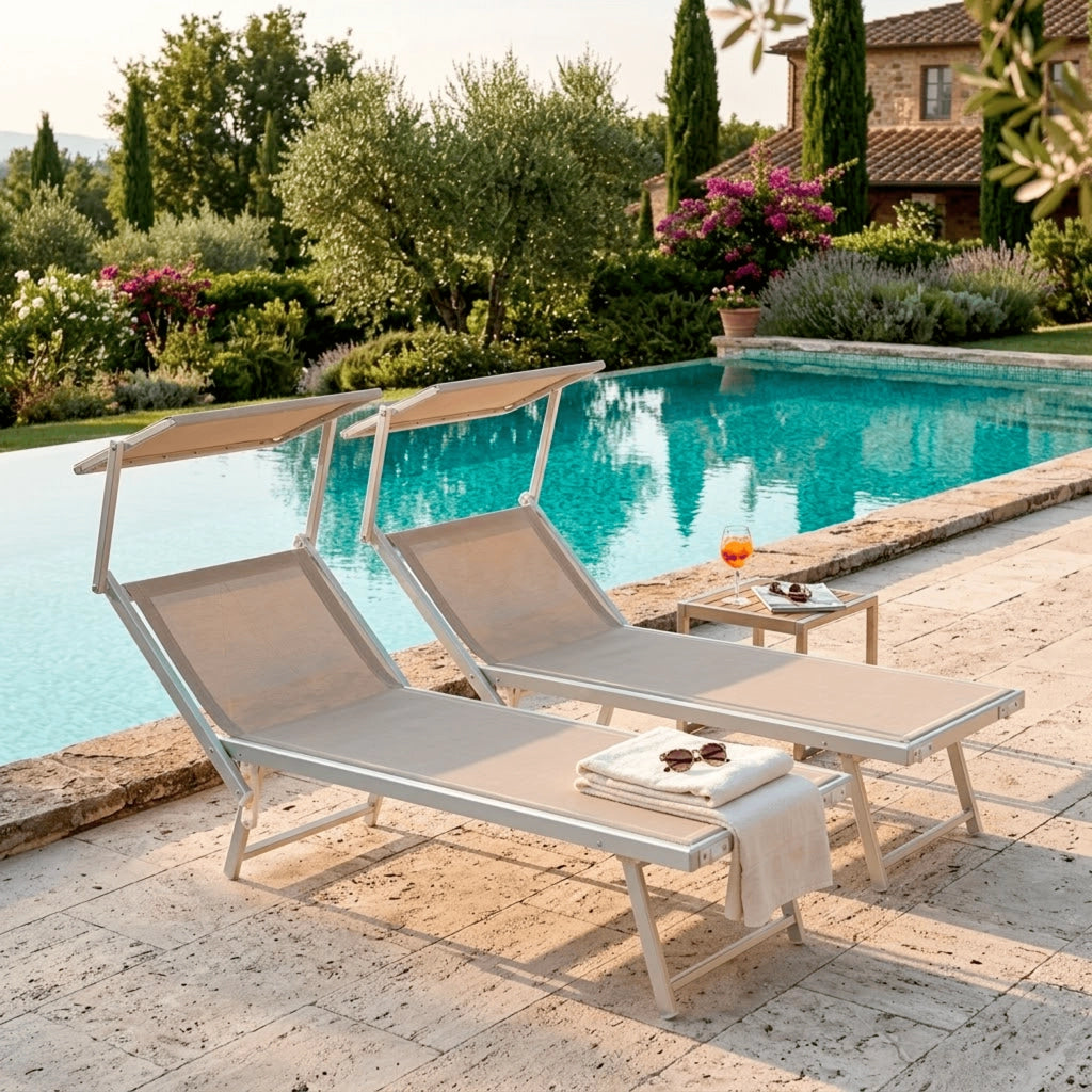 Coppia Di Lettini Beige Prendisole Pieghevole Professionale In Alluminio Tettuccio Orientabile Tettino Parasole Sdraio Lettino Prendi Sole Mare Spiaggia Piscina Giardino 182 x 60 x 38 cm