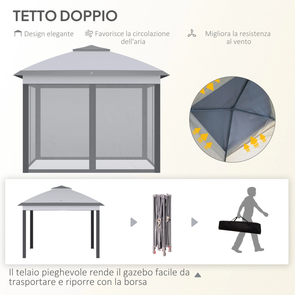 Gazebo da Giardino Pieghevole ¨C zephmum ¨C Grigio 3.3x3.3x2.8 m con Zanzariere