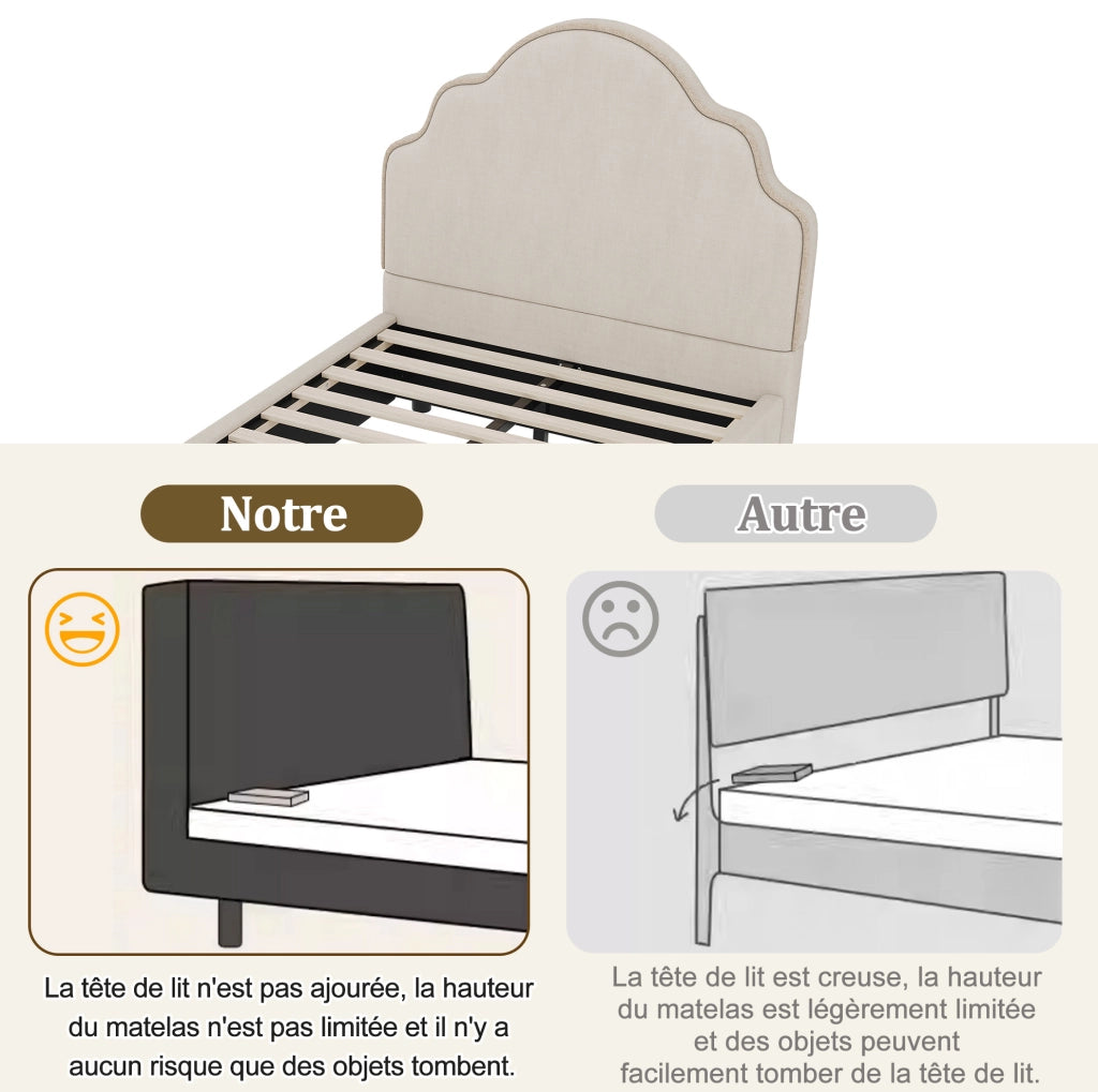 Letto singolo 90x200 cm con testiera imbottita; lino; beige