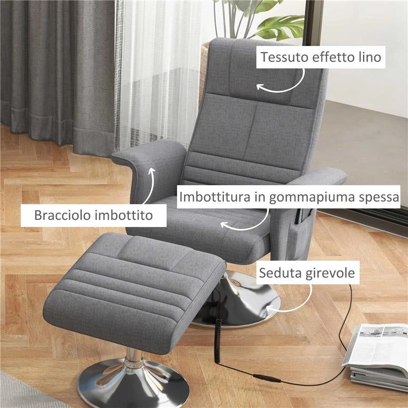 POLTRONA MASSAGGIANTE E RECLINABILE CON POGGIAPIEDI, IN TESSUTO EFFETTO LINO, 78X90X93 CM, GRIGIO SCURO