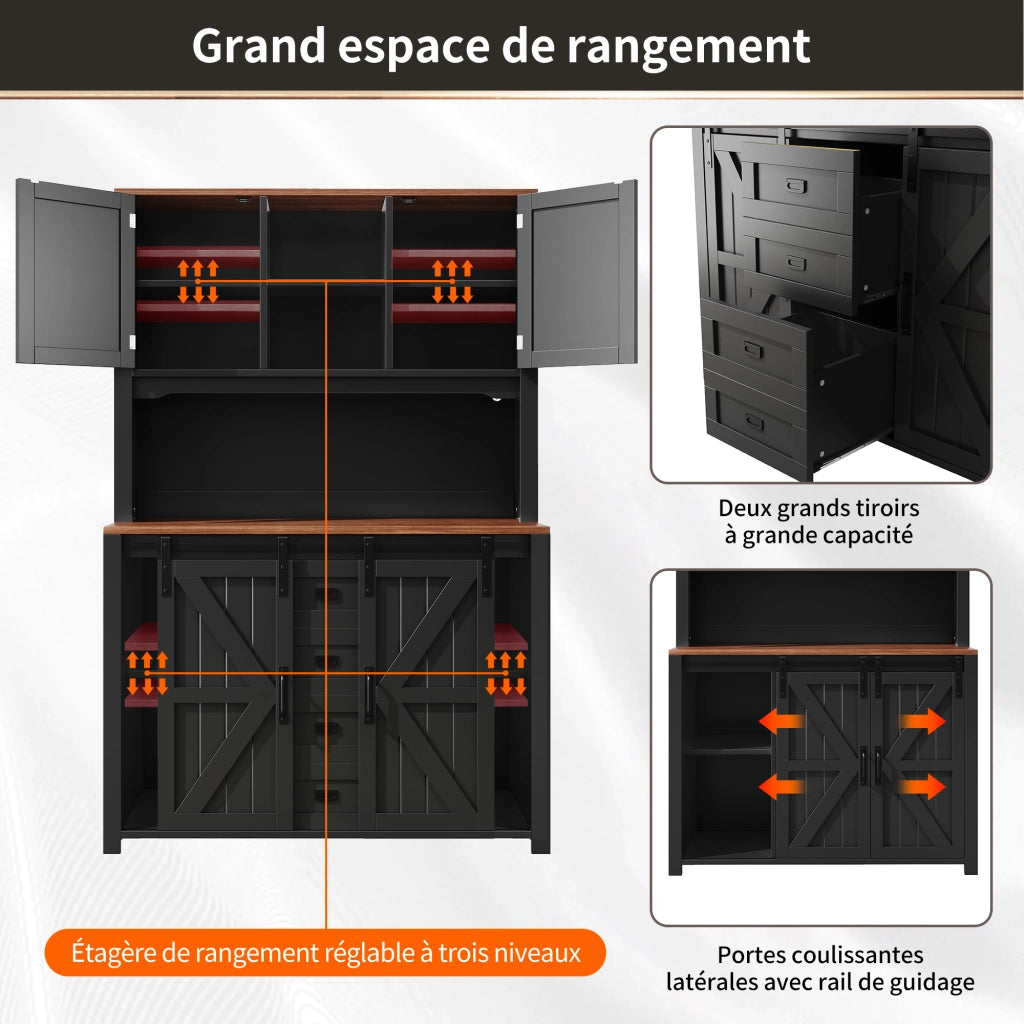 Credenza Cucina Alta con Ante Scorrevoli; 2 Cassetti; Ripiani Regolabili e LED per Cucina; in MDF e Metallo; 115x40x174;7 cm; Nero