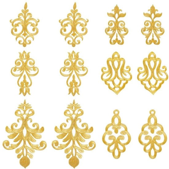Applicazione di cucito a fiori d'oro - 12 pezzi - 6 stili - applicazione di coda di pelliccia in poliestere - stile etnico - patch di corona di foglie
