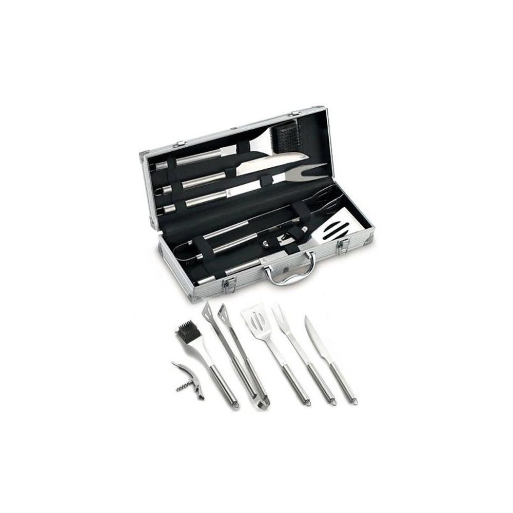 SET ATTREZZI UTENSILI BARBECUE 6PZ ACCIAIO INOX VALIGETTA ALLUMINIO OMPAGRILL 06420