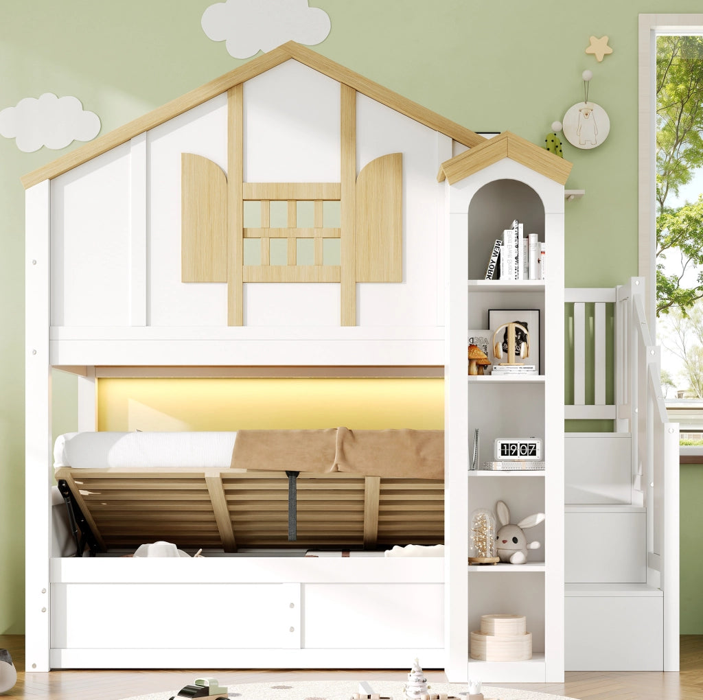 Letto a castello 90x200 cm con letto inferiore sollevabile; scala contenitore; LED; bianco