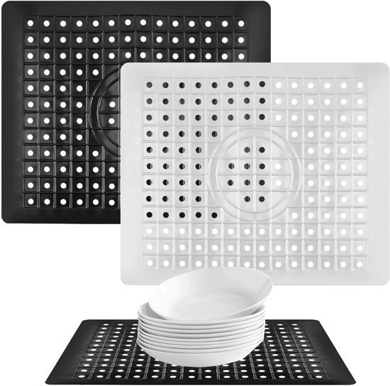 Matte di asciugatura con scarico - 2 pezzi - Antiscivolo - Rettilineo - 31 x 26 cm - Nero/ Bianco - Mat di asciugatura