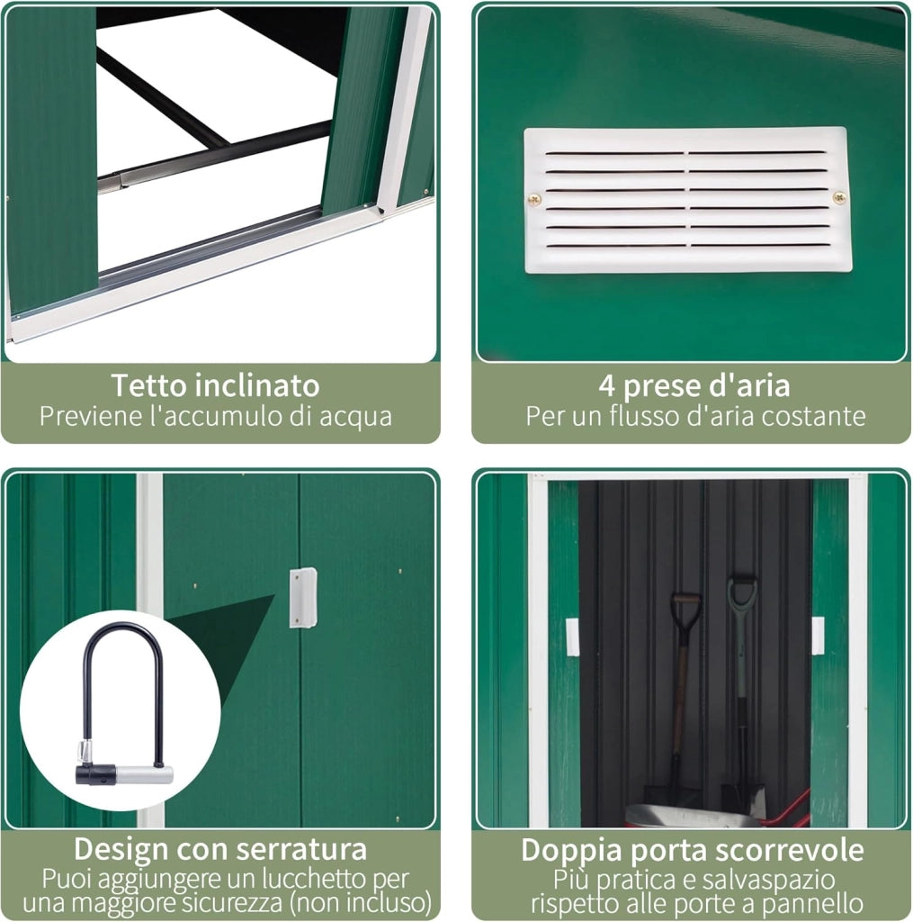 Casetta da Giardino 4.9 m² con Fondazione, 4 Prese d'Aria e 2 Porte Scorrevoli, Capanno Porta Attrezzi in Lamiera d'Acciaio, 277x195x192 cm, Verde Scuro