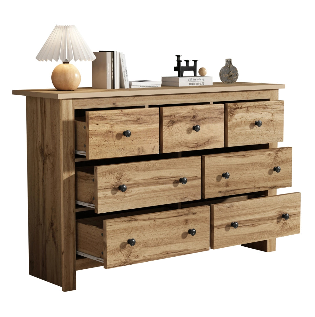 Credenza 152x40x88.5 cm con 7 cassetti e guide scorrevoli; truciolare; naturale
