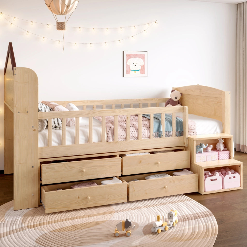 Letto semialto per bambini in forma di casa con LED e cassetti