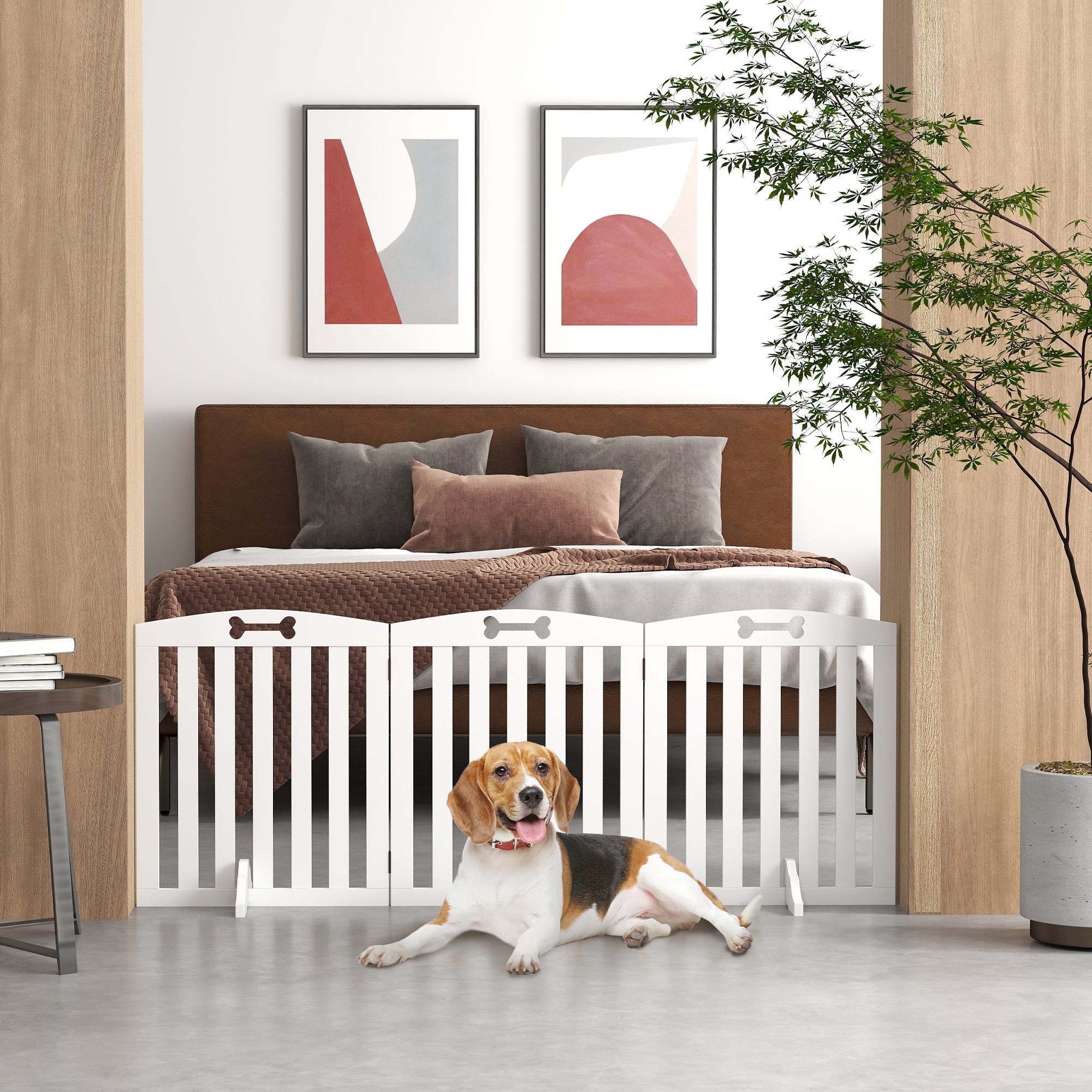 Cancellino per Cani Pieghevole 155x30x61 cm a 3 Pannelli con 2 Supporti in Legno Bianco