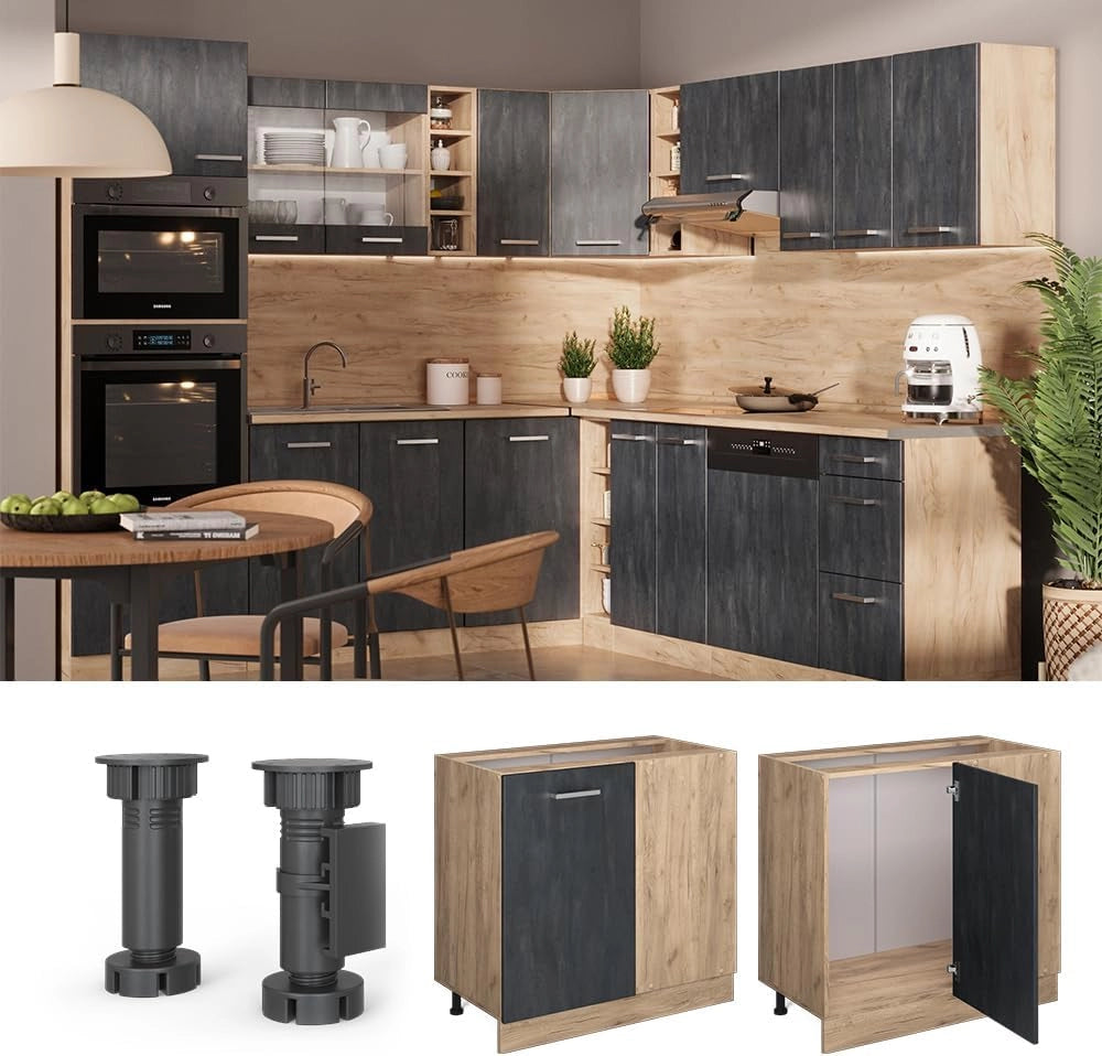 Mobile ad angolo cucina R-Line, Calcestruzzo nero, 86 cm, PL Antracite, per la libera combinazione all'interno di sistemi cucina modulari