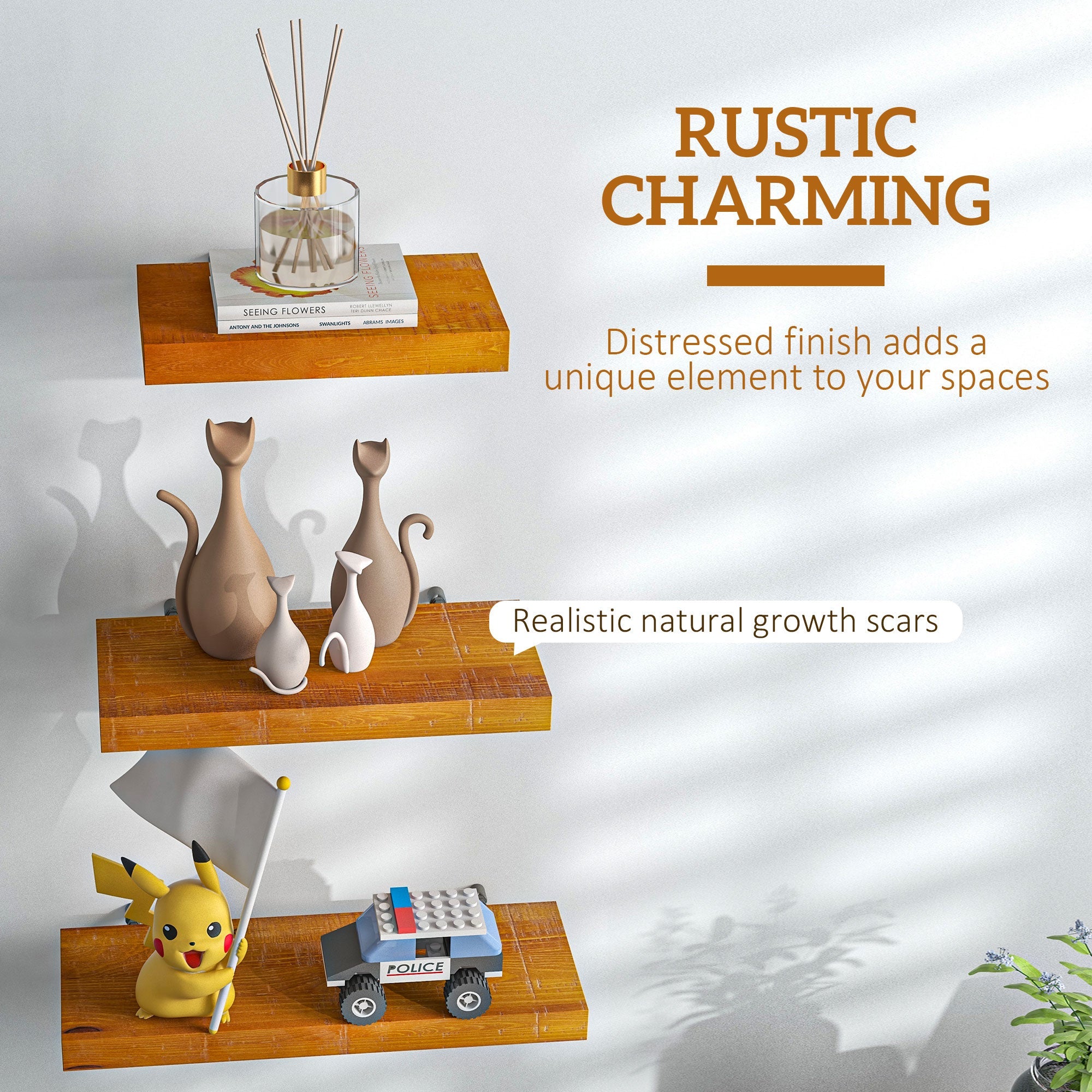 Set di 3 Mensole da Parete di Design 30/40/50x18x3,6 cm in Legno di Pino Marrone