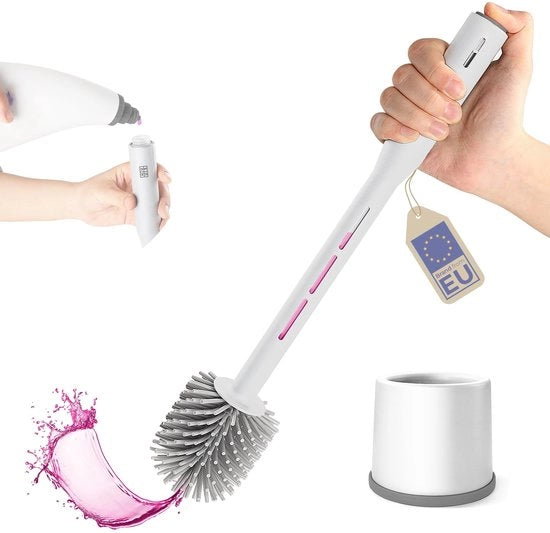 Borsetto per il water con dispensatore di sapone rimovibile - Capocchia a setole di silicone morbida - Borsetto flessibile per il water - Disinetta a fondo - Dotato di prodotto di pulizia