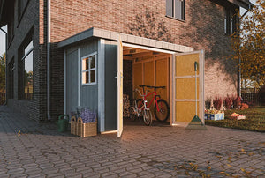 Casetta da giardino di qualità PREMIUM 5,9 mq - H231x248x294 cm - Senza pavimento e parete laterale - Timbela M938B