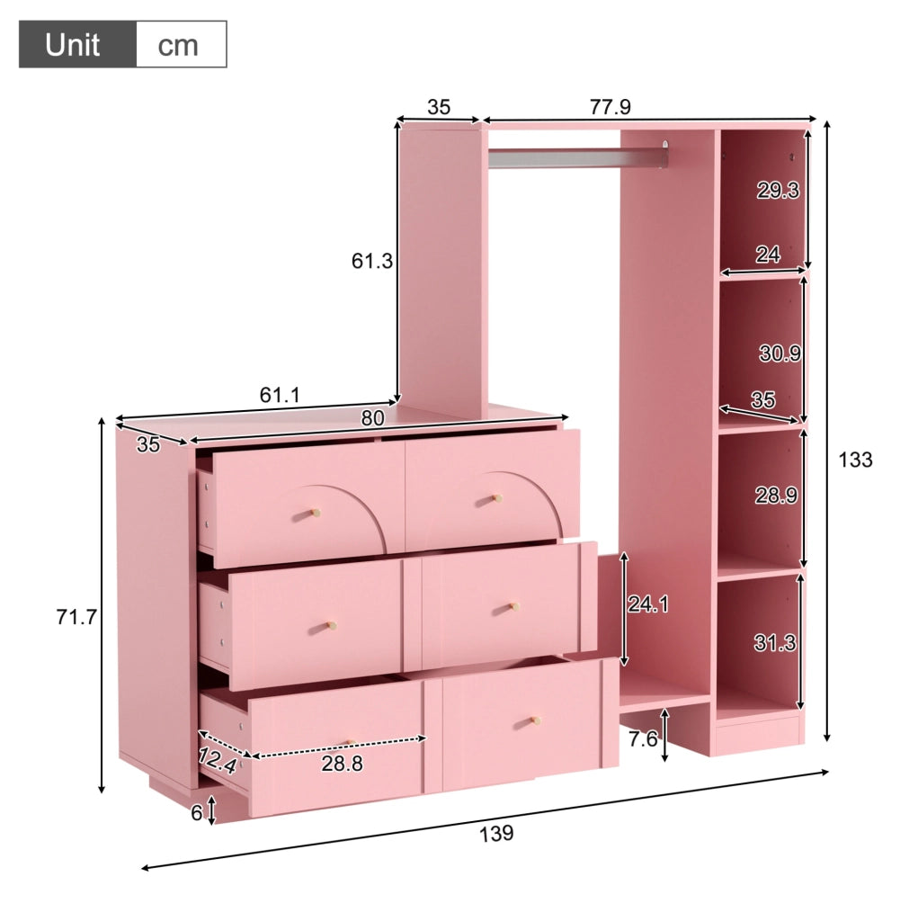 Armadio guardaroba aperto con appendiabiti; 6 cassetti e ripiani laterali; 139 × 35 × 133 cm; rosa