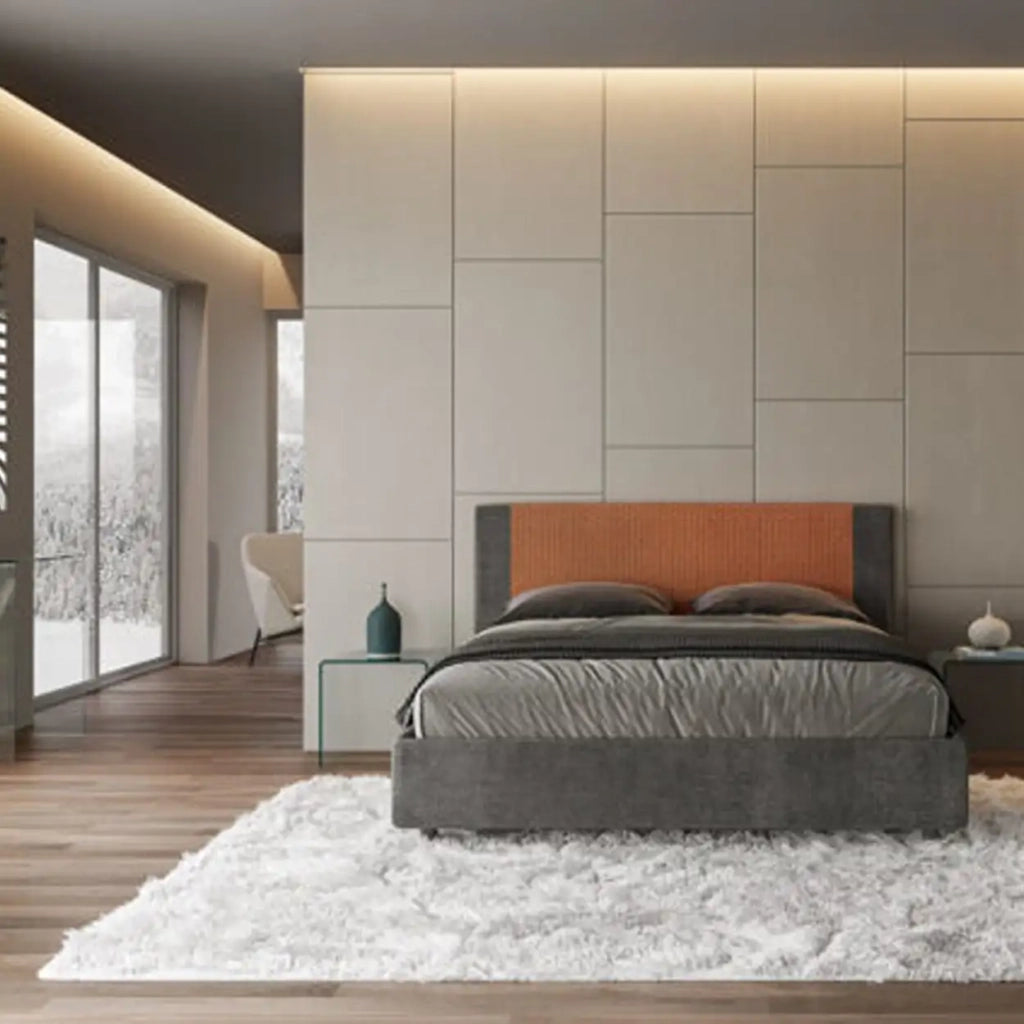 Letto matrimoniale contenitore imbottito 160x190 tessuto Labirinto 4 arancio Rosal