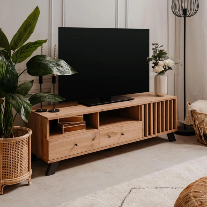 Porta TV Medan56A 2 cassetti e anta con vani a giorno rovere antracite