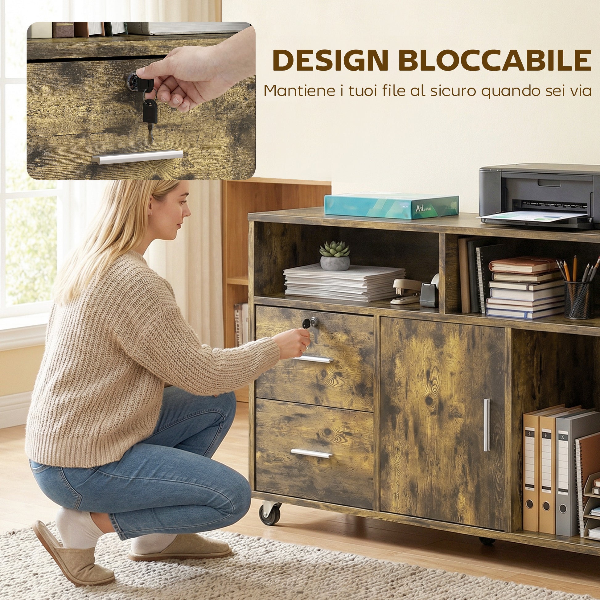 Mobile Porta Stampante 100x35x65 cm a Rotelle con 2 Cassetti 3 Ripiani e 2 Armadietti in Legno Marrone