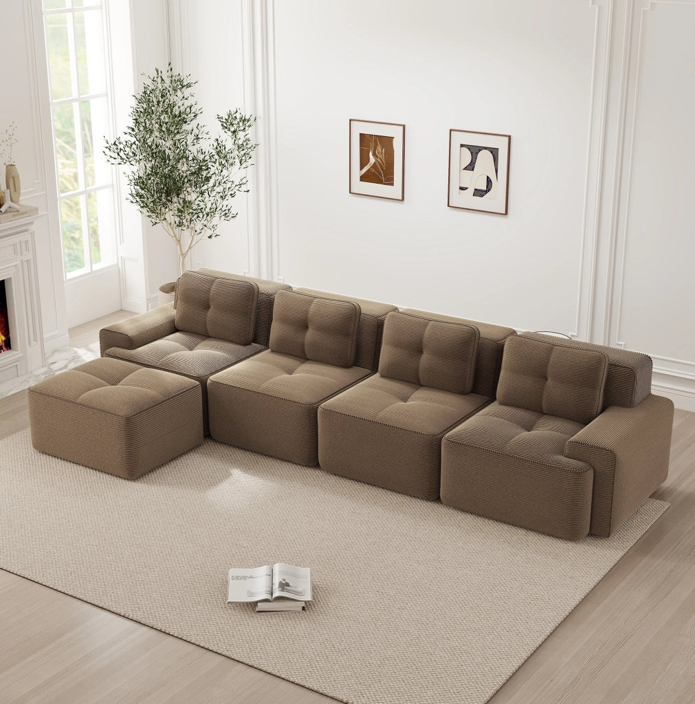 Divano modulare 4 posti con chaise longue in velluto a coste marrone HOMVRA