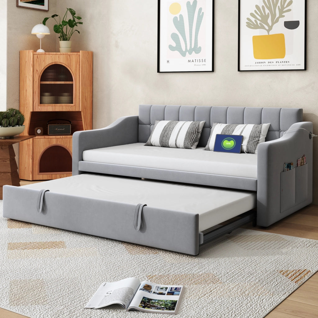 Letto imbottito estraibile 90x190 cm in velluto grigio chiaro con porte USB