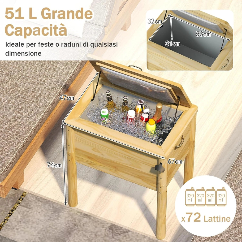 Carrello Porta Ghiaccio su Ruote 67 x 47 x 74 cm, Carrello Refrigerante da 51 L con 3 Maniglie e Apribottiglie, Frigorifero Portavivande da Esterno con Tappo di Drenaggio per Giardino