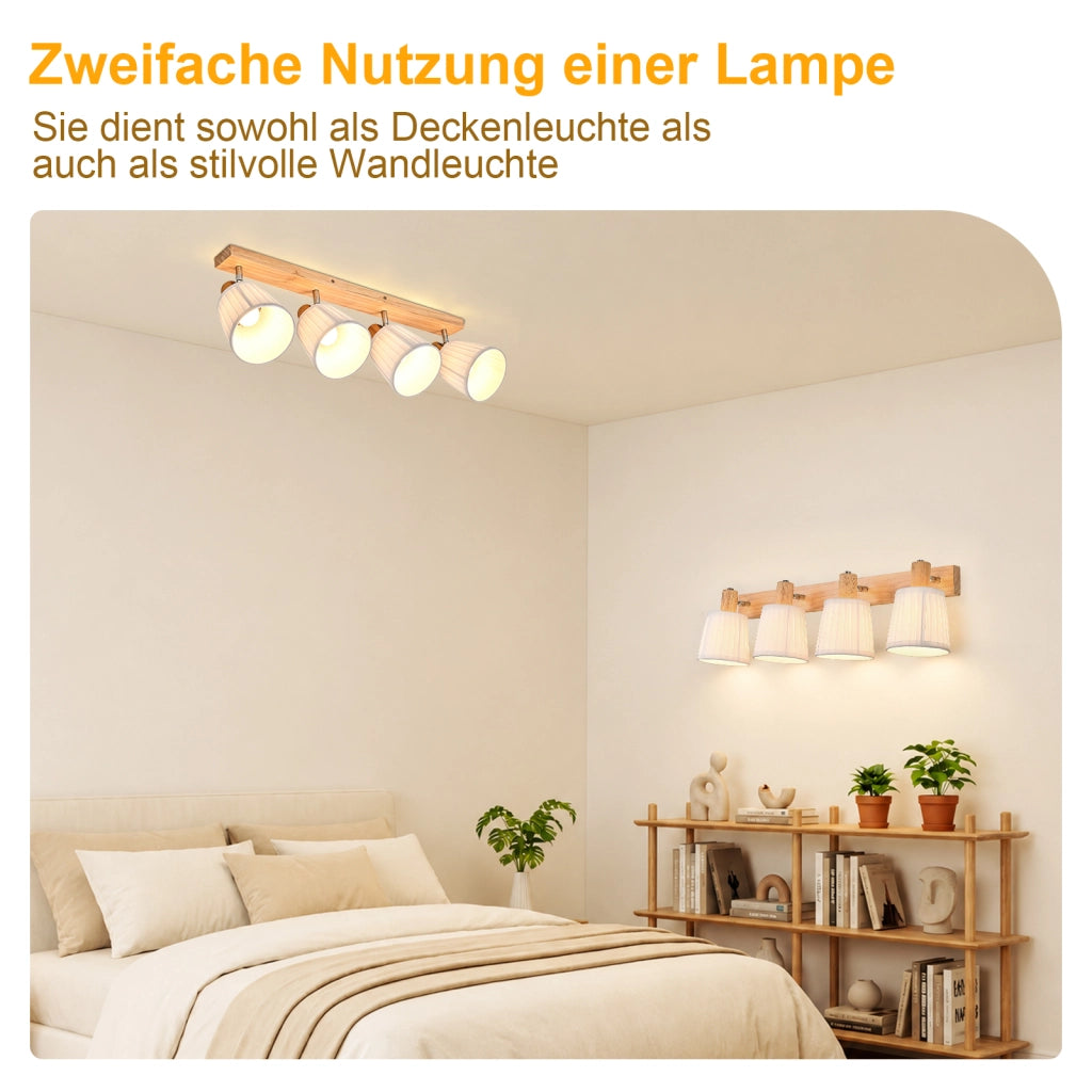 ZMH Faretto da soffitto 4 Luci Legno E14 Boho Bianco Tessuto Orientabile 350¡ã per Corridoio Soggiorno Senza Lampadina