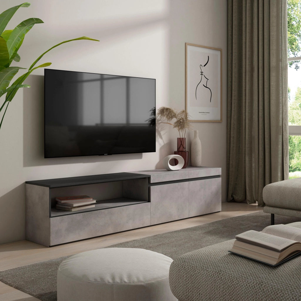 Mobile TV, 200x35x45cm, soggiorno, Per TV fino a 80", Mobile Soggiorno, grigio cemento RF2214