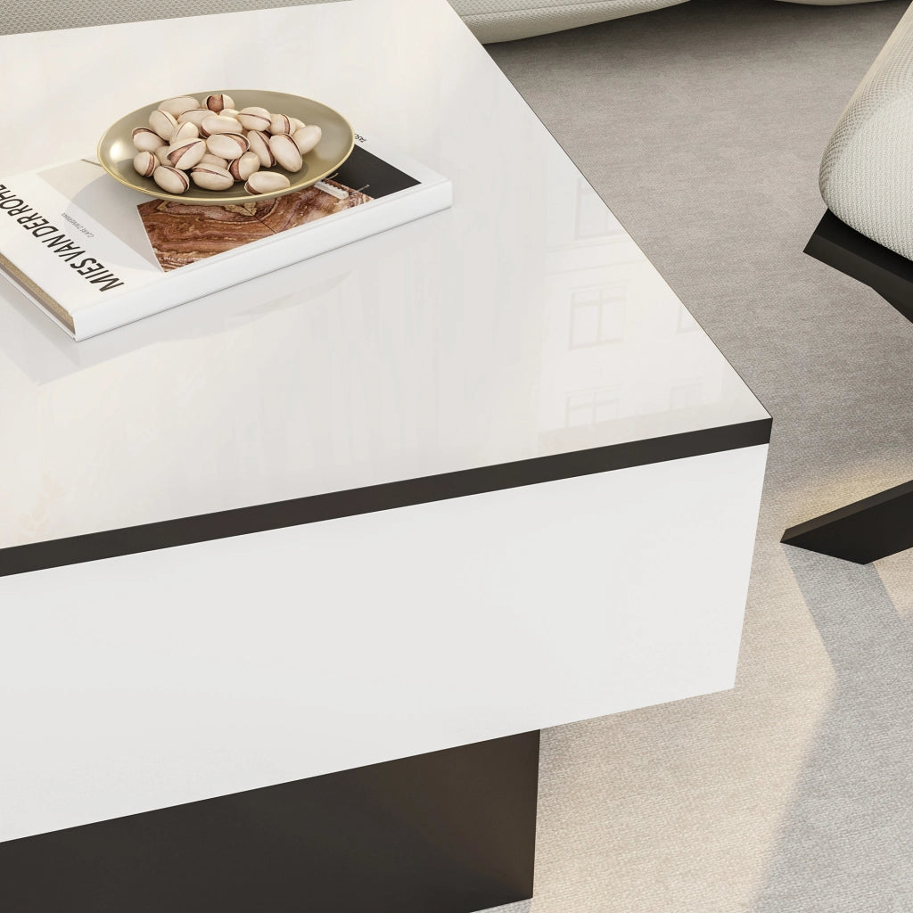 Tavolino Centrale Lens da Salotto con Piano Scorrevole 80 x 60 x 36 cm - Bianco / Nero [en.casa]