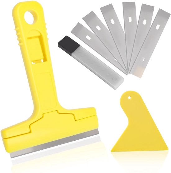 Set di utensili con 10 lame, schrappatrice + mini-spatola, rimozzatore di carta da parati, schrappatrice per vetro, campo ceramico, schrappatrice per pulizia, schrappatrice, attrezzo per rimozione carta da parati, schrappatrice per vernice