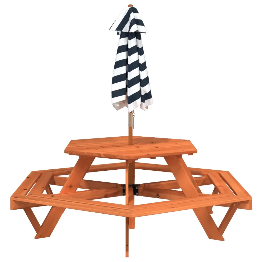 vidaXL Tavolo Picnic per 6 Bambini con Ombrellone Esagono Legno Abete