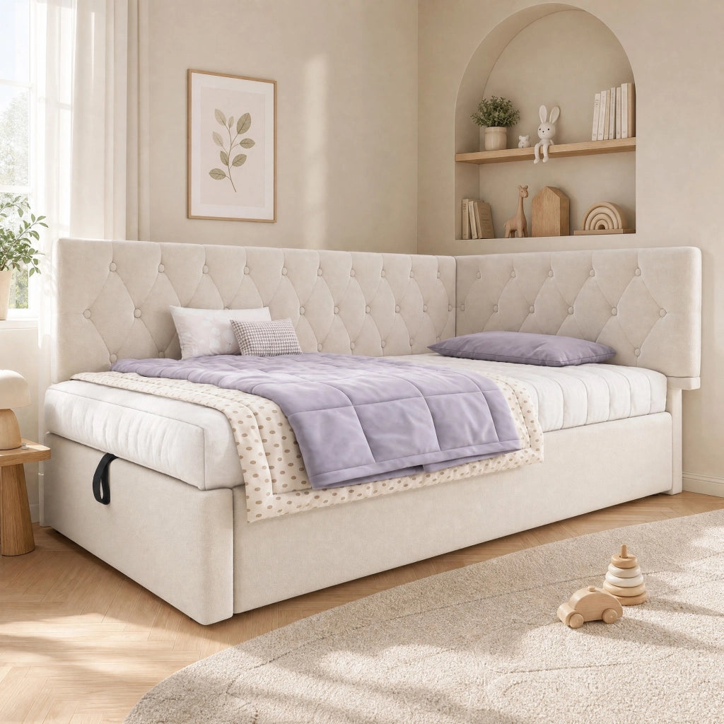 Letto giorno 90x190 cm in velluto beige con contenitore idraulico, struttura in metallo e rete a doghe, senza materasso
