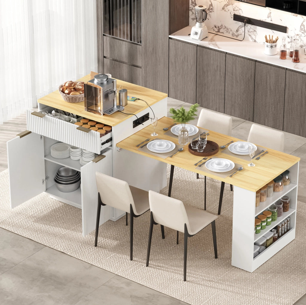 Isola cucina con tavolo estraibile, LED e prese USB, bianca