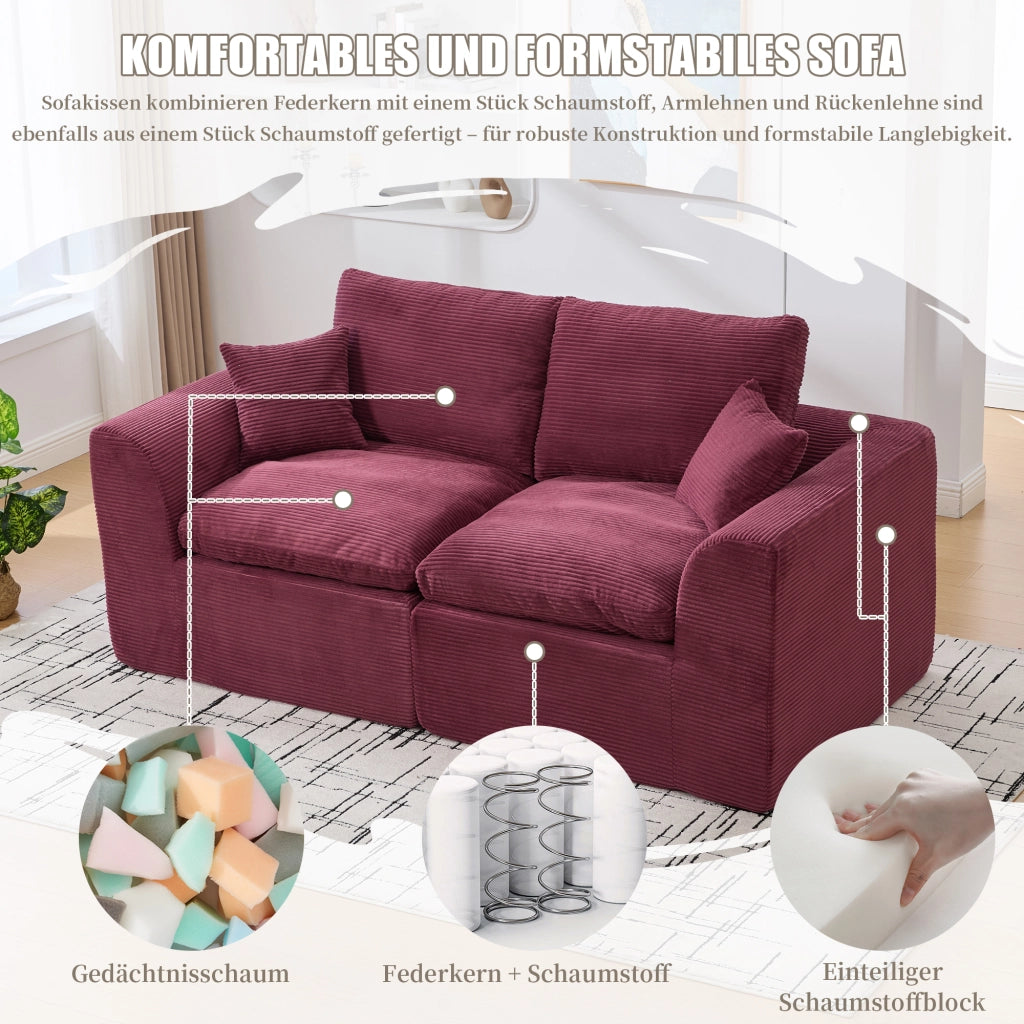 OKWISH Divano 2 Posti, Seduta Imbottita con Cuscini e Design Minimalista, Tessuto a Coste, Rosso Vino