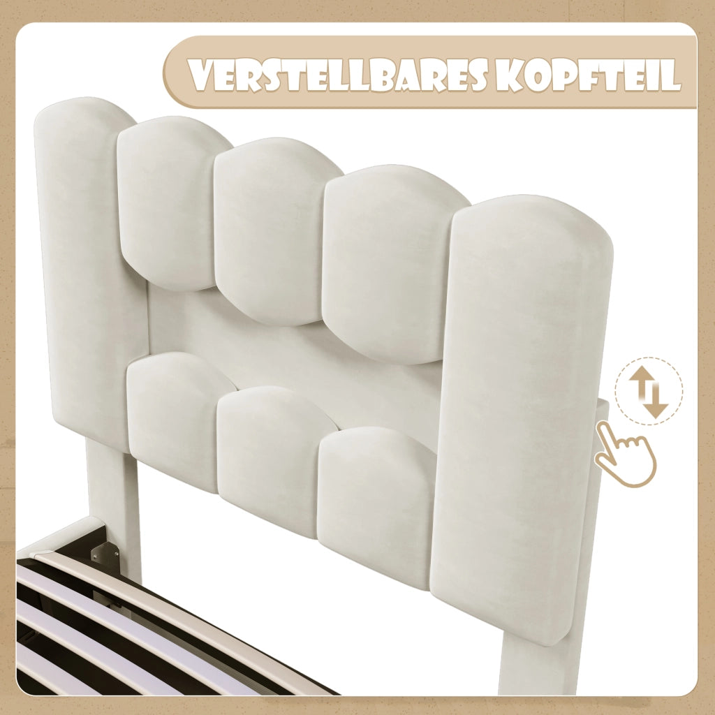 LETTO Contenitore 90x200 cm in velluto beige con LED e testiera regolabile