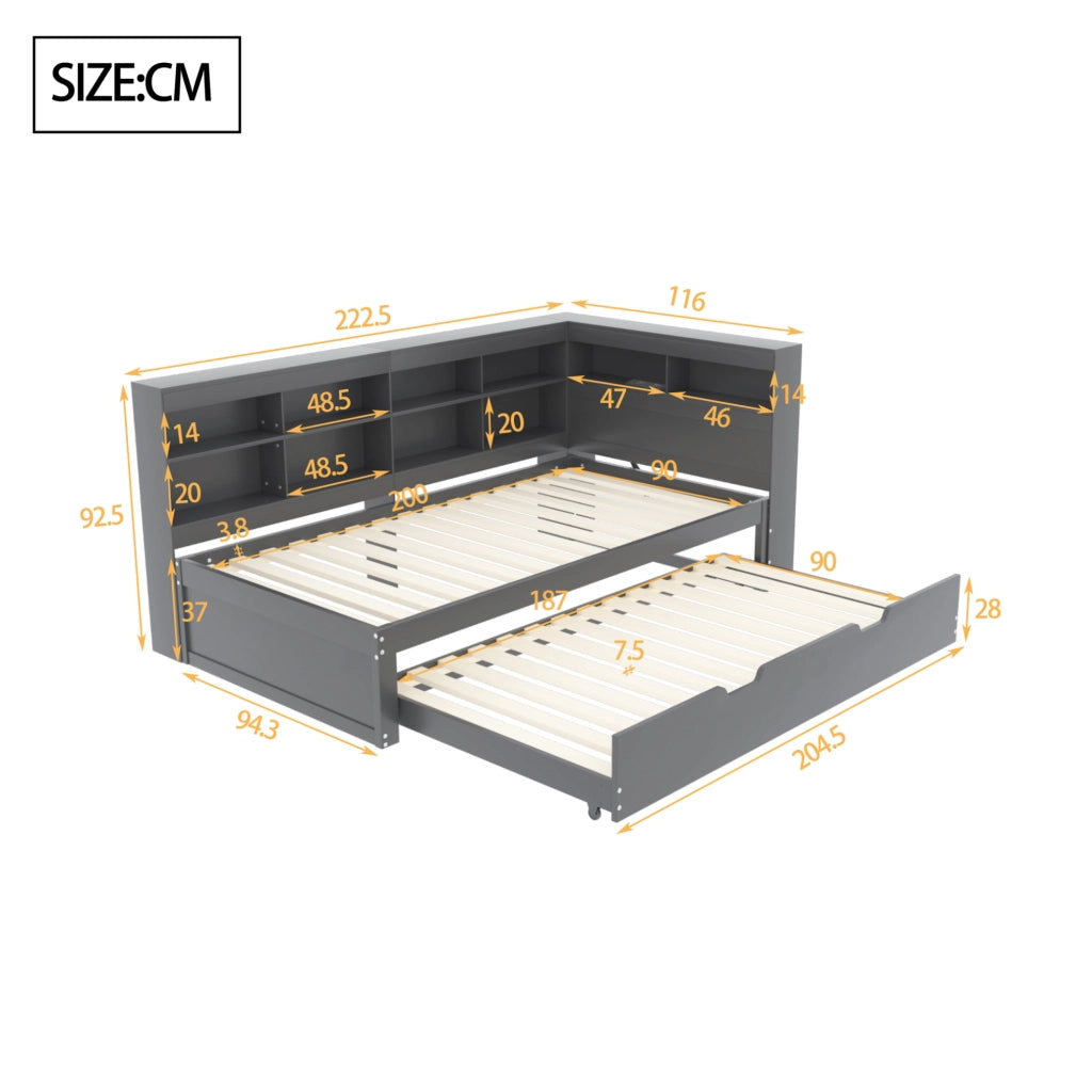 Divano letto 90x200 cm con USB e vani contenitore; legno; grigio