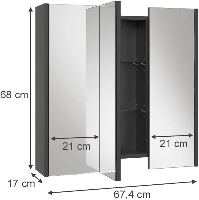Specchio contenitore bagno Majest, Antracite, 67.4 x 68 cm con 3 porte a specchio