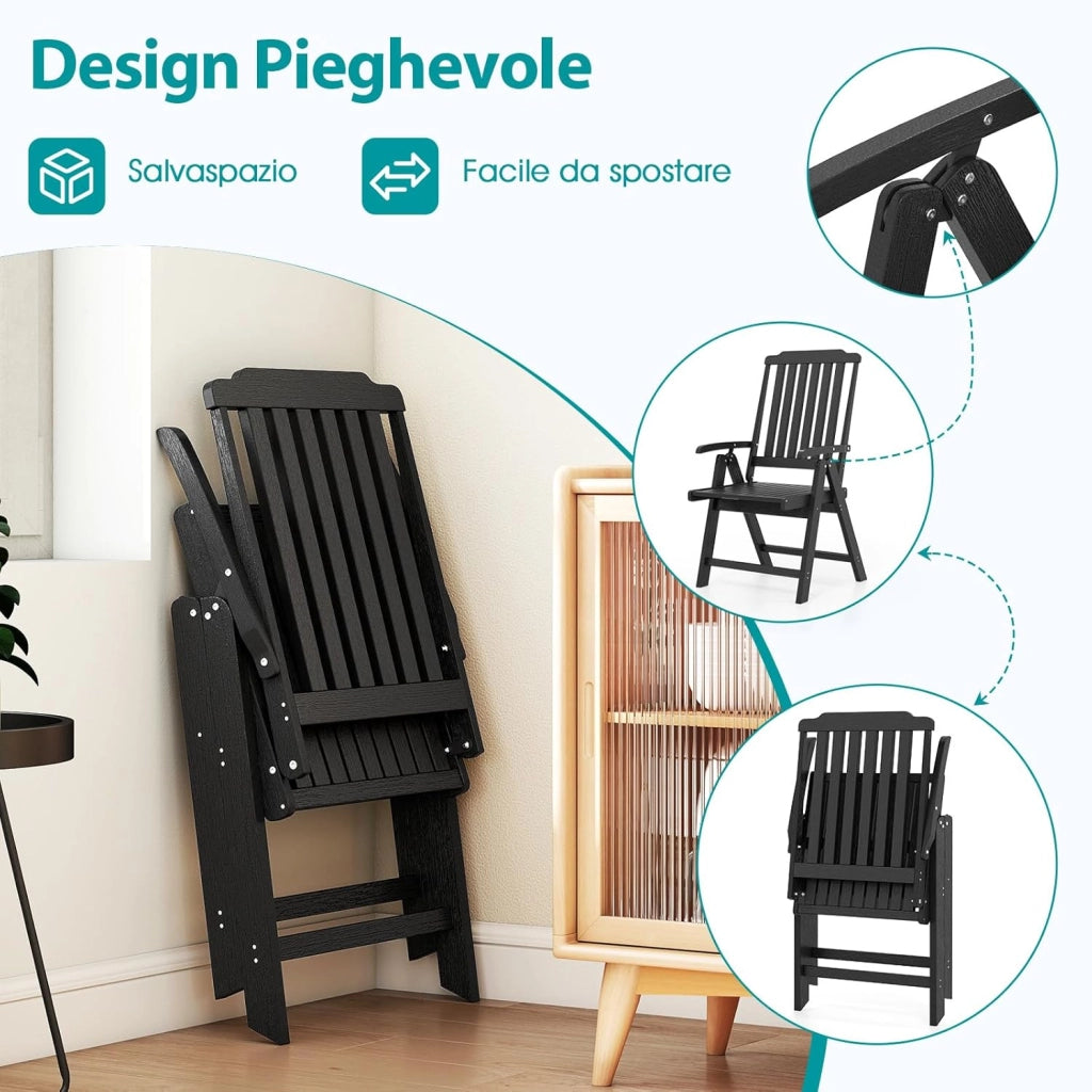 Sedia Esterno Pieghevole, Sedia Ergonomica in HDPE con Braccioli, Schienale Curvo e Seduta a Doghe, Poltrona Pranzo per Giardino Balcone Patio, Portata 150 kg (Nero)