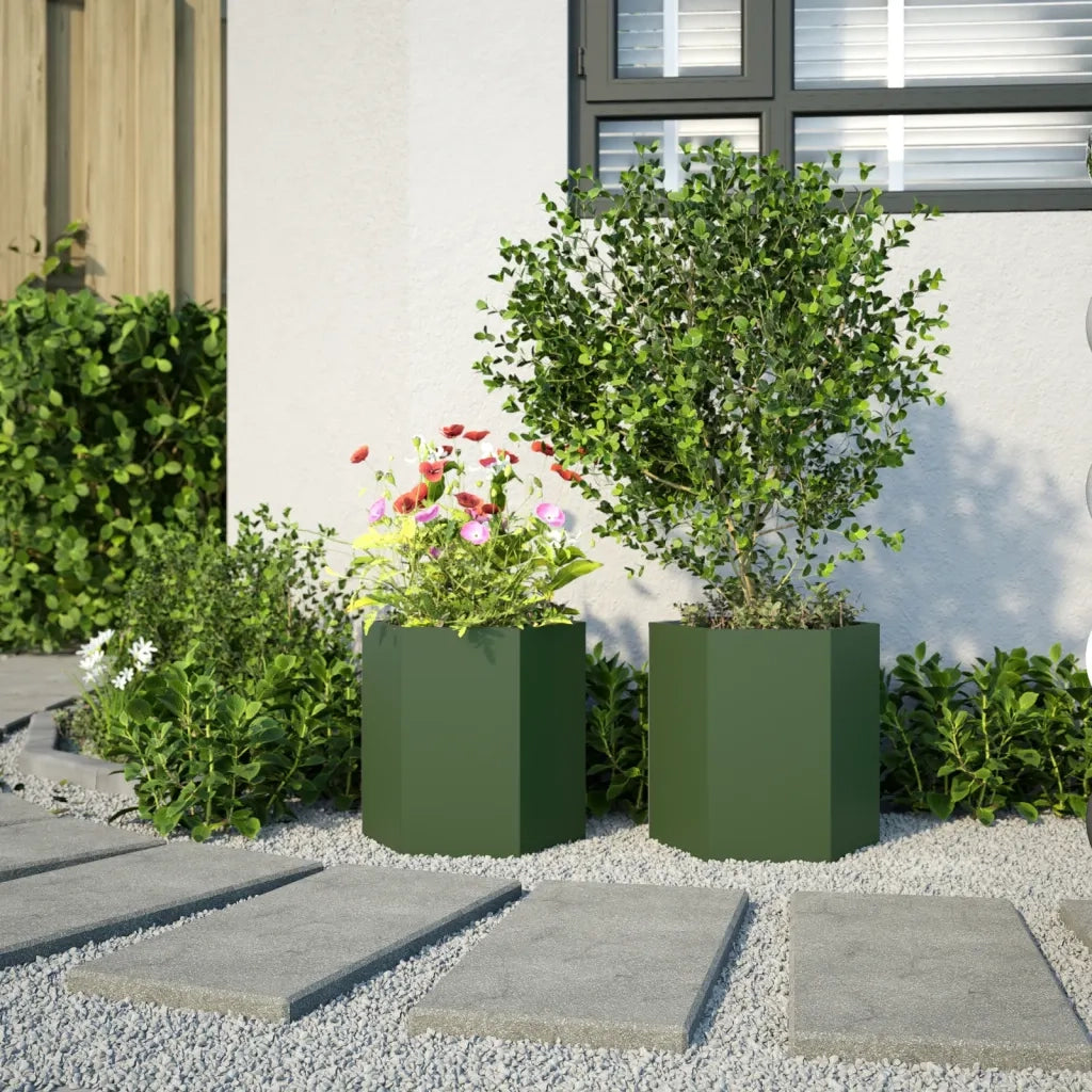 2 pz Fioriere | Cassetta per fiori | Vaso da Giardino Verde Oliva Esagono 46x40x45cm Acciaio