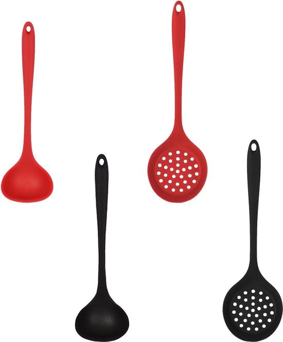 4 pezzi di spatole di silicone grandi, cucchiaio di silicone per servire, cucchiaio di silicone per soffiare, cucchiaio di silicone per servire e rovesciare (nero e rosso)